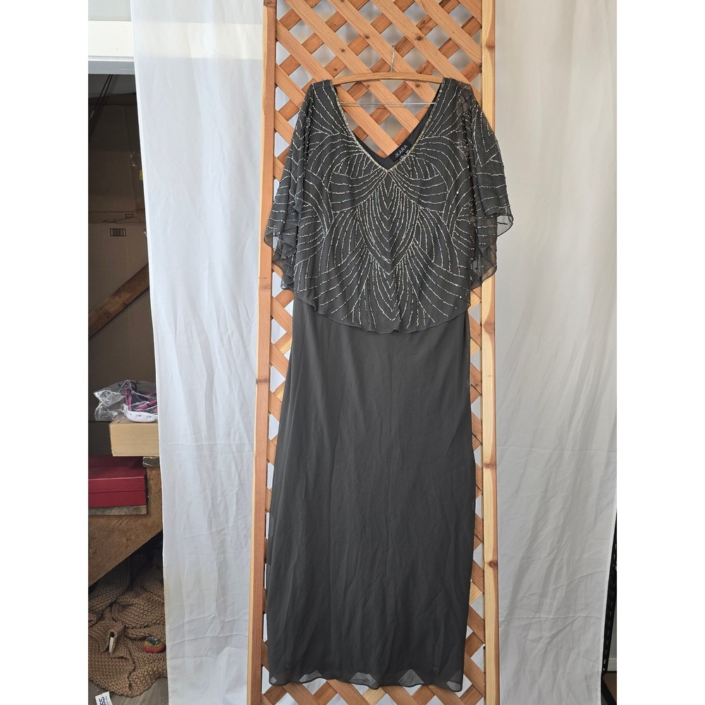 J Kara Pop Over Long Beaded Dress Women 22W Slate Mercury Grey -New